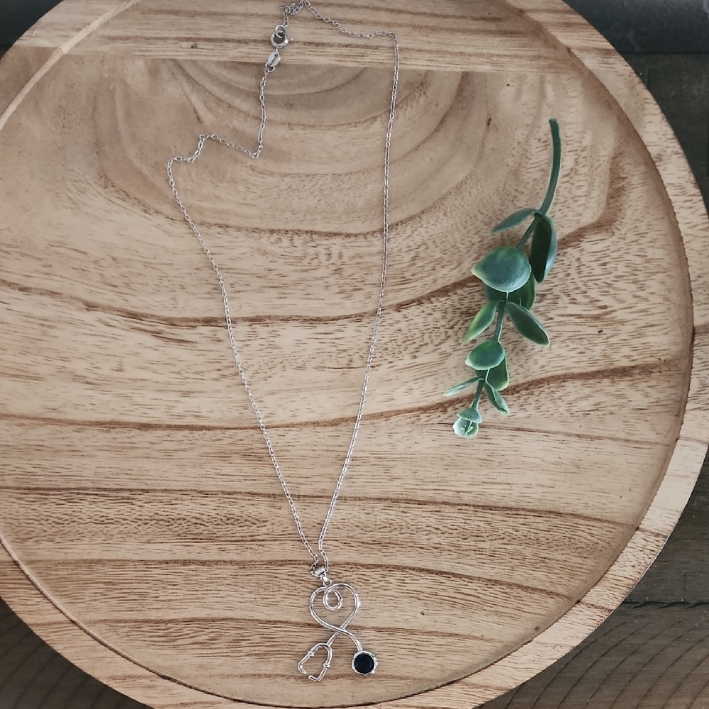 Silver Pendant Necklace with Black Stone
